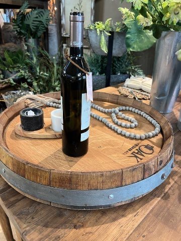 Home decor and accessories for sale at Corner Cartel | Boerne, Texas | vintage wine barrel serving tray riser with wood beads 
