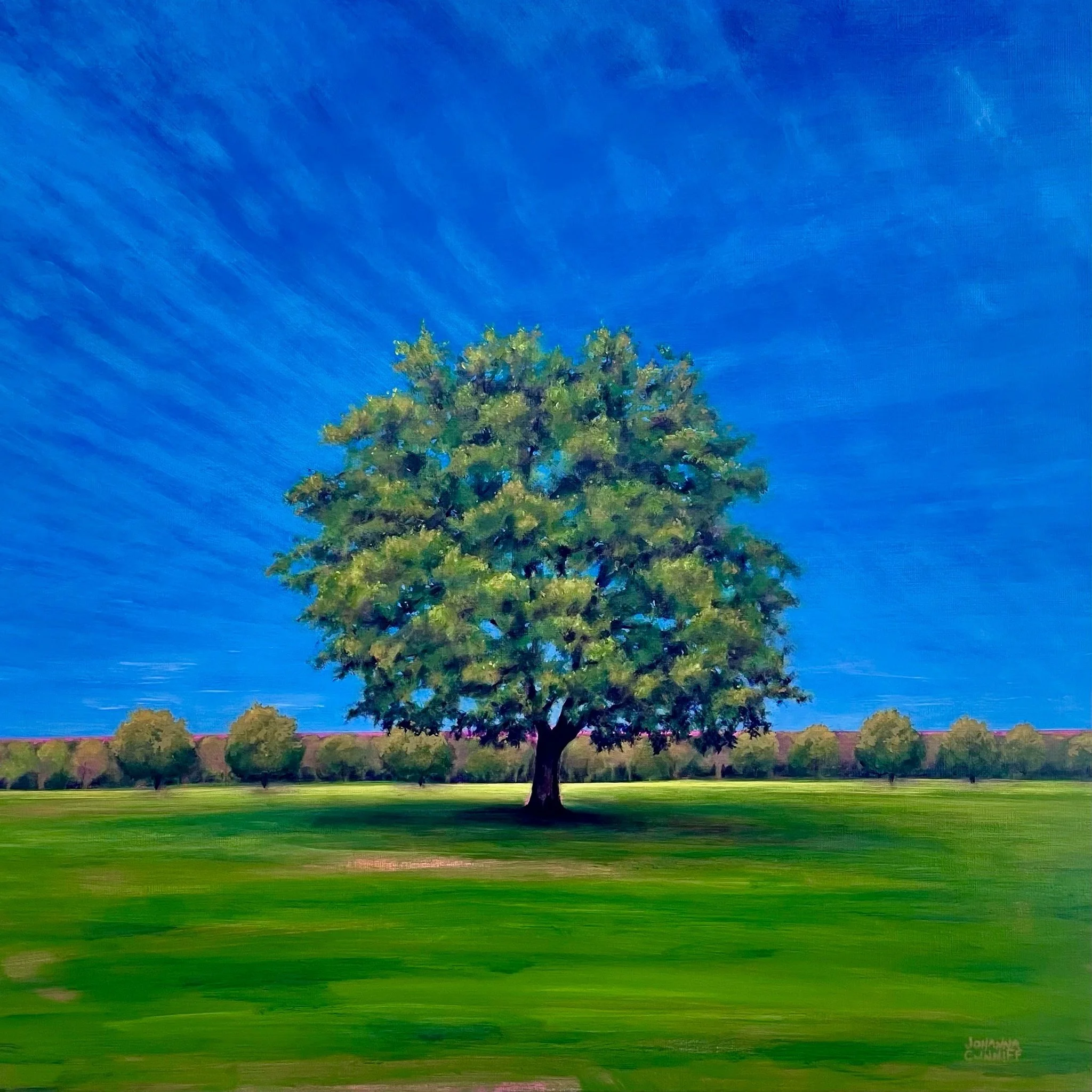"Johnson City" (30"x30") on Linen, framed in a natural wood, floating frame.