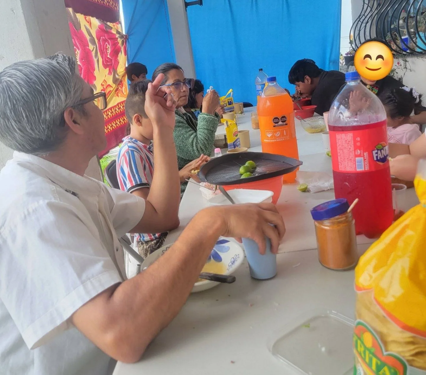 Celebrating Mexico's independence with pozole after the church service.