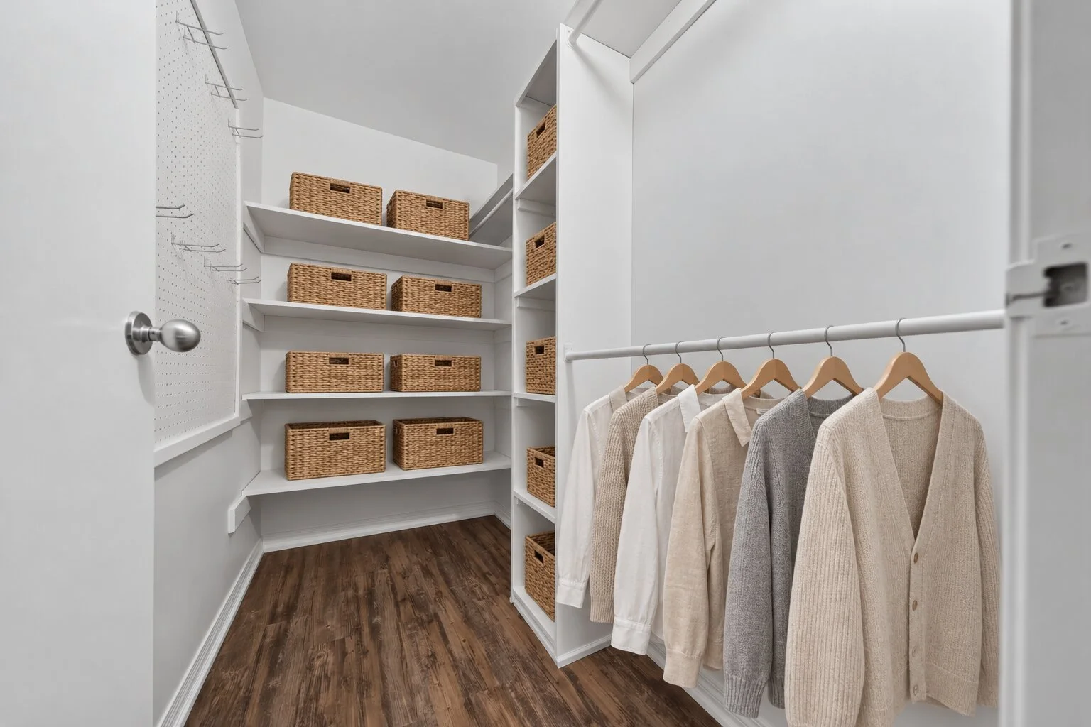 Neutral closet with baskets and shirts.jpg