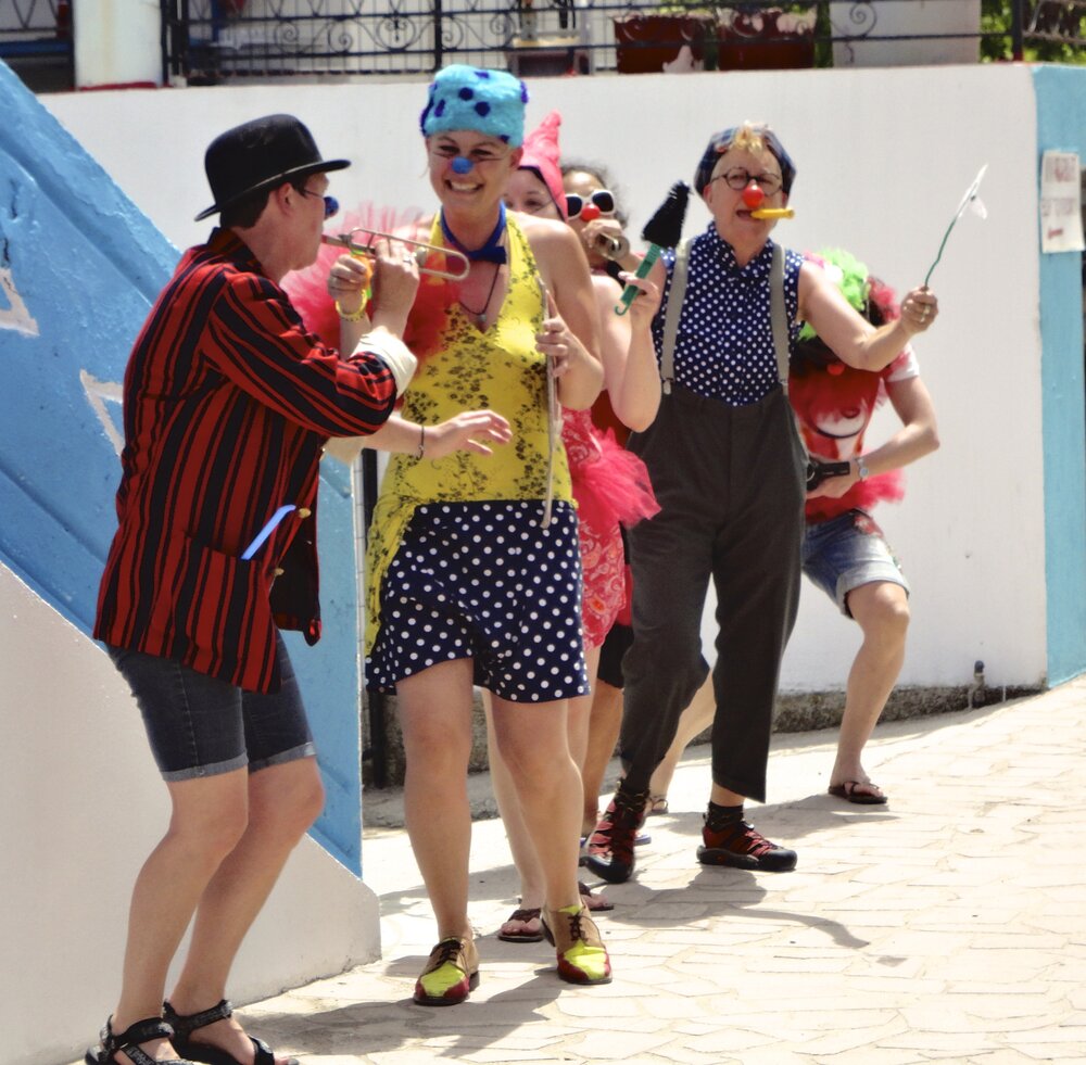 A gaggle of clowns at the Sappho Festival of the Arts, Lesvos, 2014