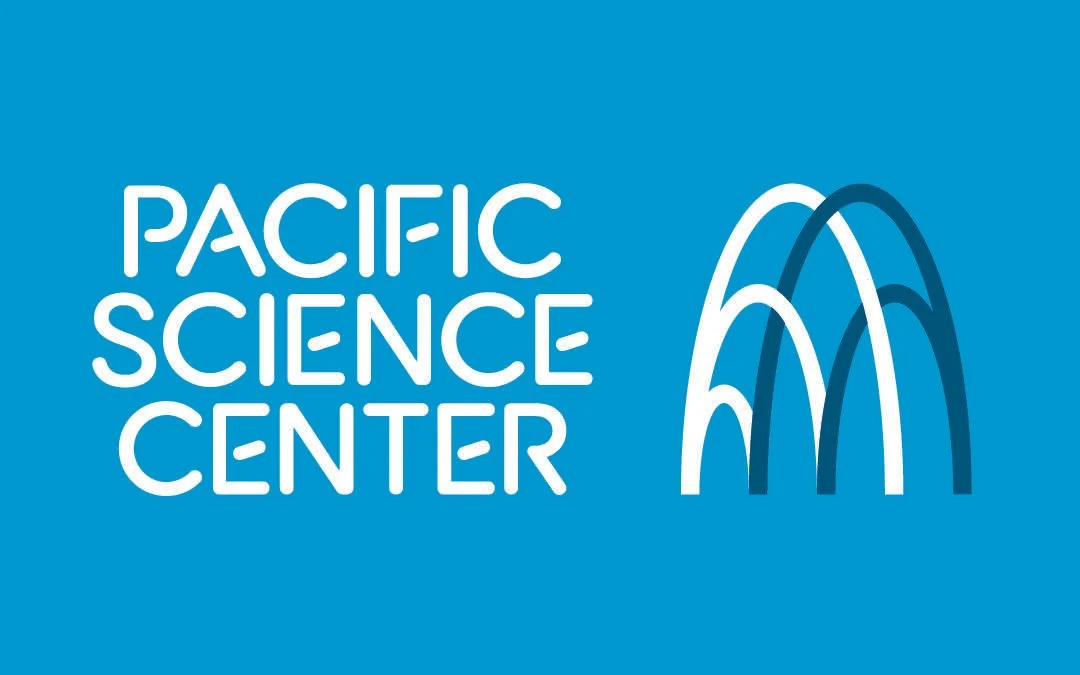 Logo of the Pacific Science Center featuring white text and arches on a blue background.