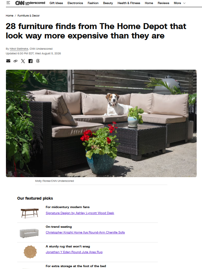 CNN Underscored Press Feature – Screenshot of a CNN Underscored article titled "28 furniture finds from The Home Depot that look way more expensive than they are" showing an outdoor patio set with a dog and featured product picks below.