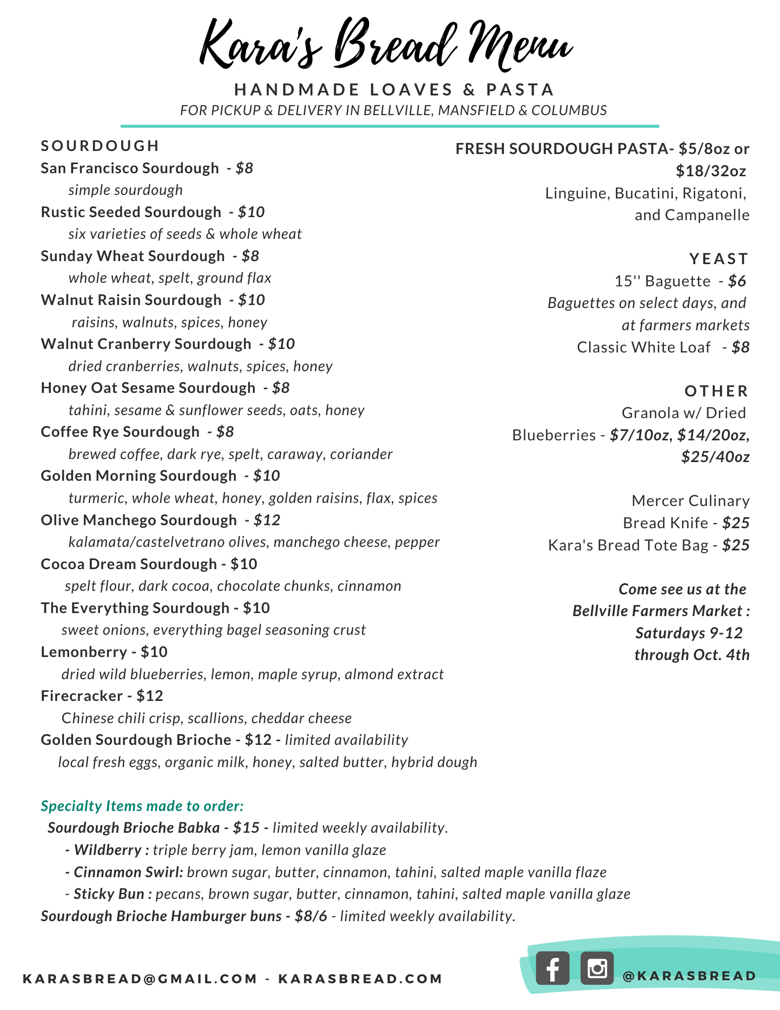 Menu — Kara's Bread