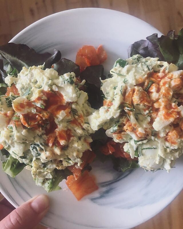 Lunch today was filled with farm fresh veggies!

Vegan egg salad on a Gluten free English muffin, farm fresh lettuce, green onions and dill from our very own herb garden!

Of course layered some kimchi (@cultured_club ) in there for the gut health oo