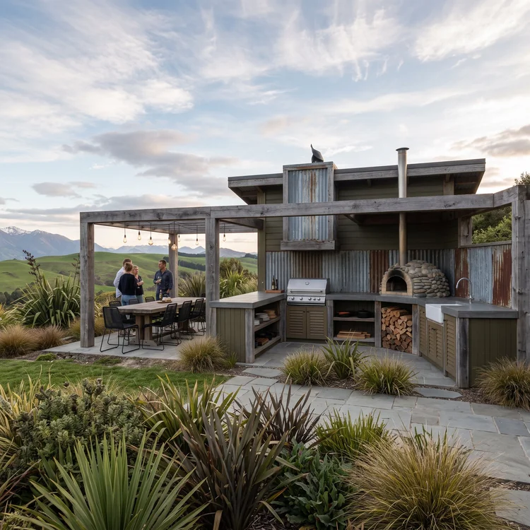 A country-style outdoor kitchen in earthy greens with corrugated accents, set on a rural property