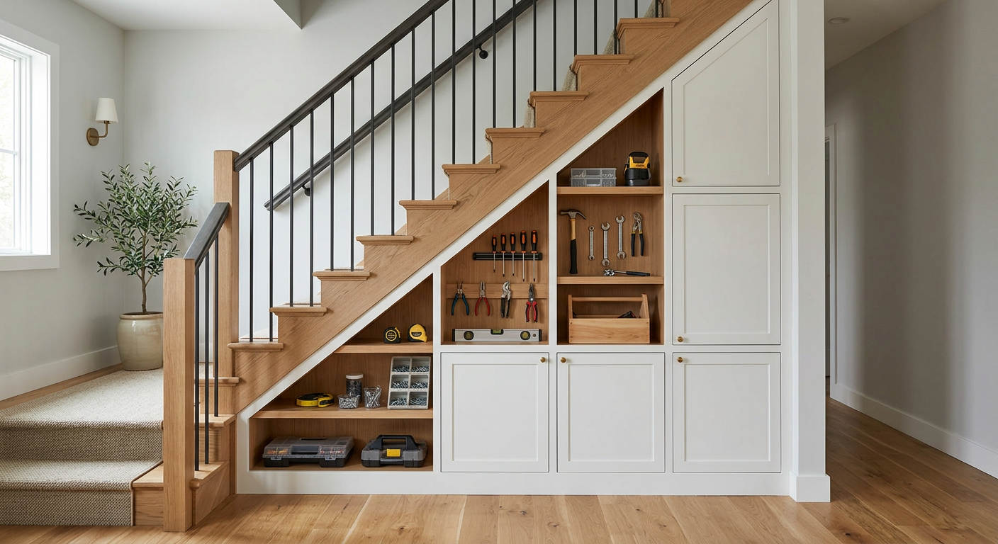 Tool storage under stairs