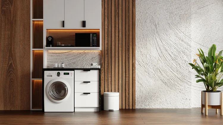 A laundry with dark woodgrain and fluted timber panels, white matt drawers, a dark bench top and warm strip lighting