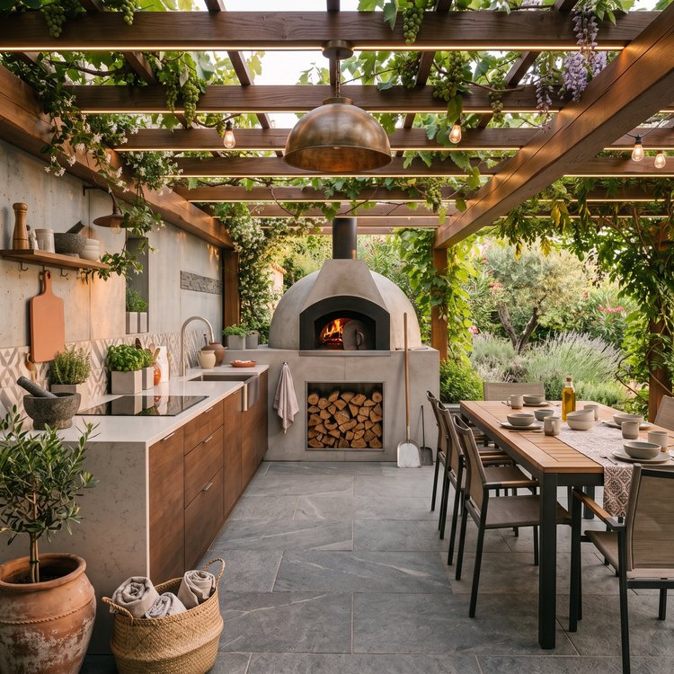 A Mediterranean courtyard kitchen with a wood-fired pizza oven, terracotta tones and climbing vines overhead