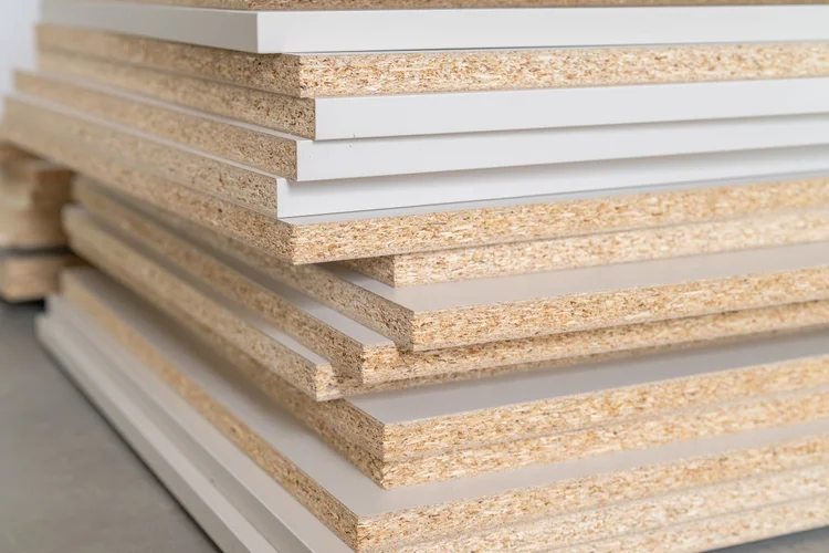 A stack of white laminated boards showing their cut edges