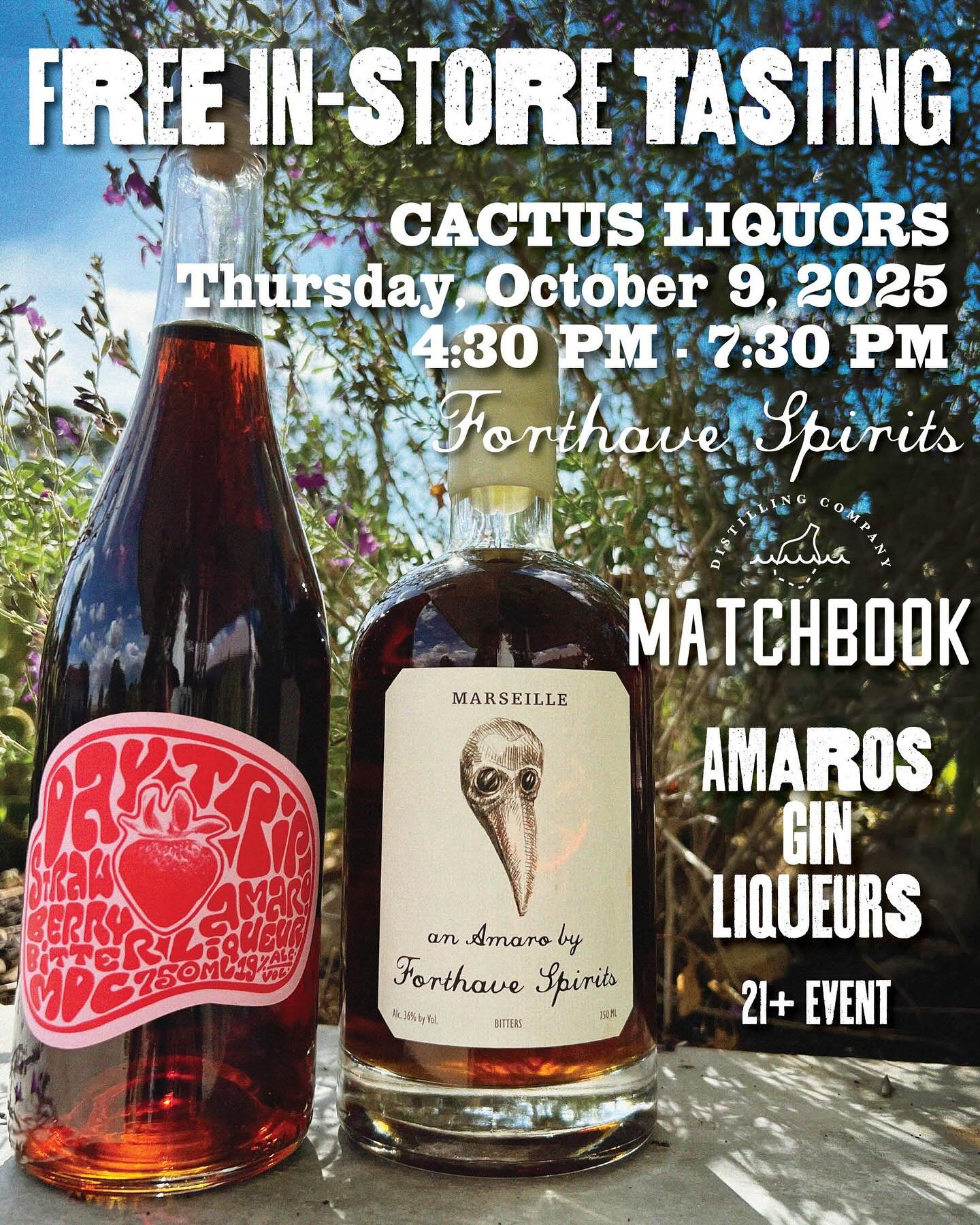 Please join us this Thursday, Oct. 9 for a free in-store Tasting at Cactus Liquors!
4:30 PM - 7:30 PM
Hosted by Josie Zeiger from @thevioletteconnection and Paul Monahan from Matchbook Distilling Co! Come try a sample from @matchbookdistilling (Green