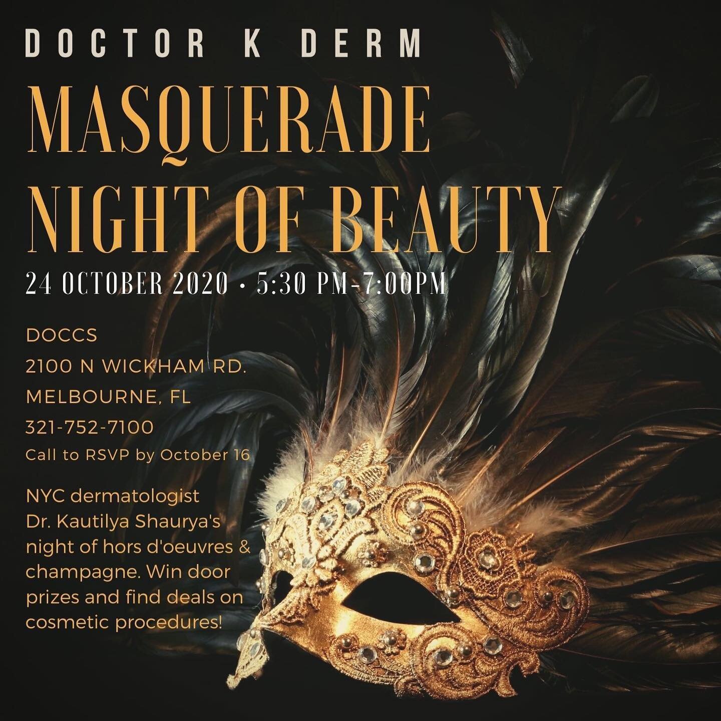 DOCCS Dermatology will be hosting an Open House on Saturday, October 24 from 5:30-7:30pm at its new office at 2100 N. Wickham Rd!

The theme is masquerade- so bring your best mask (and one that&rsquo;s effective).&nbsp;Rapid COVID tests will be offer