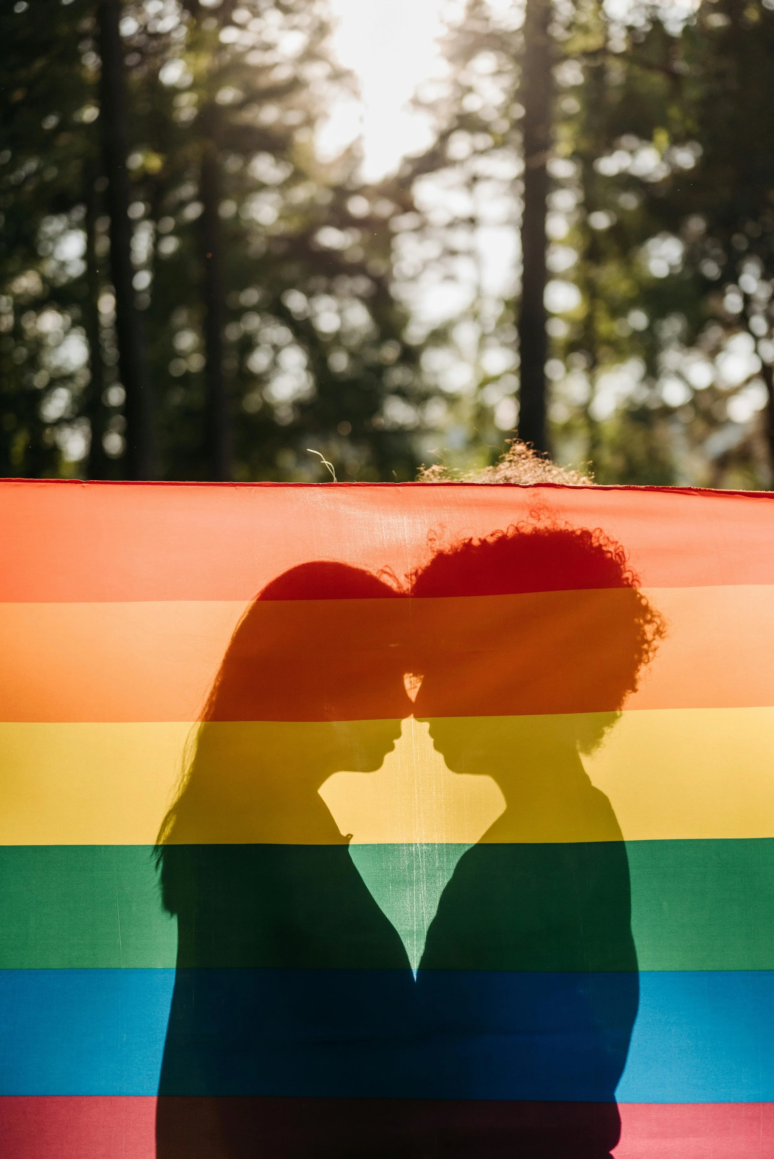Silhouette of two people standing together in front of a vibrant rainbow flag, symbolizing LGBTQIA+ pride and unity.