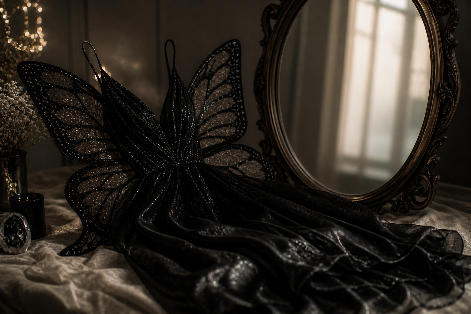 Black butterfly-inspired dress with delicate wings resting near a mirror, symbolizing discernment and choosing aligned opportunities during personal transformation.