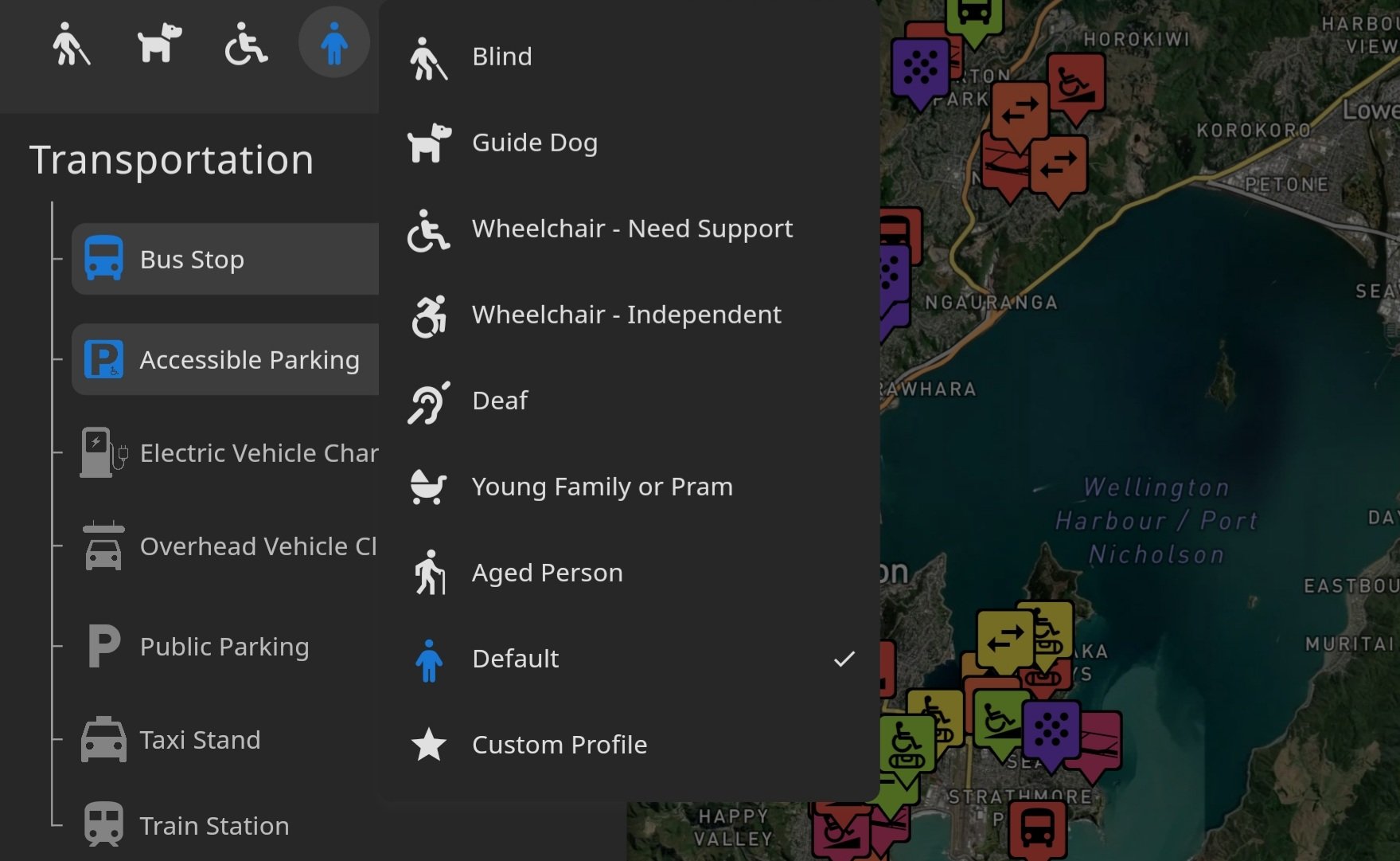 Side menu open with all available profiles listed, including Blind, Guide Dog, Wheelchair - Needs Support, Wheelchair Independent, Deaf, Young family, Aged Person, Default, or Custom.