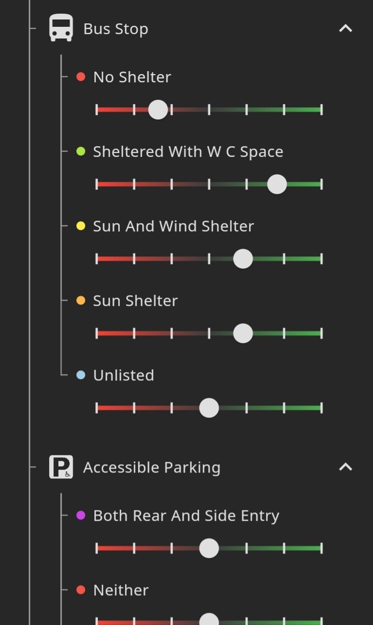 Custom menu open in side bar, which allows users to customise difficulty weighting for each feature, from strong barrier (red) to strong facilitator (green).