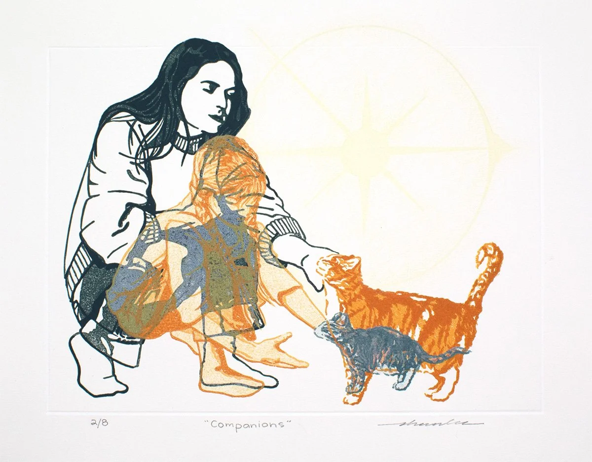 "Companions"
Mutli-block Linocut with Colored Pencil and Embossing. 11" x 14". 2025.
