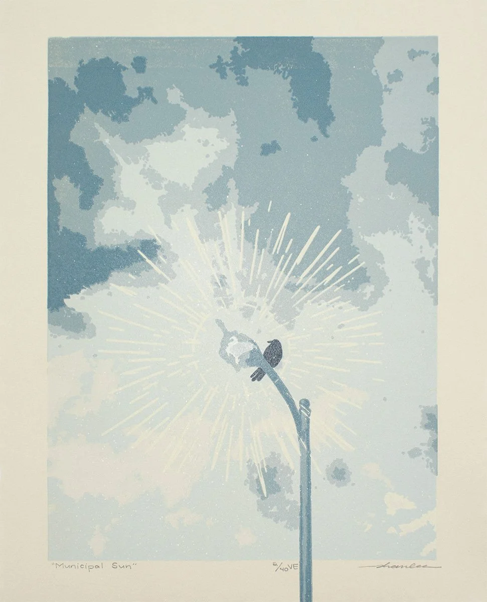 "Municipal Sun"
Seven-Layer Reduction Linocut with Colored Pencil and Spray Paint. 14" x 11". 2026.