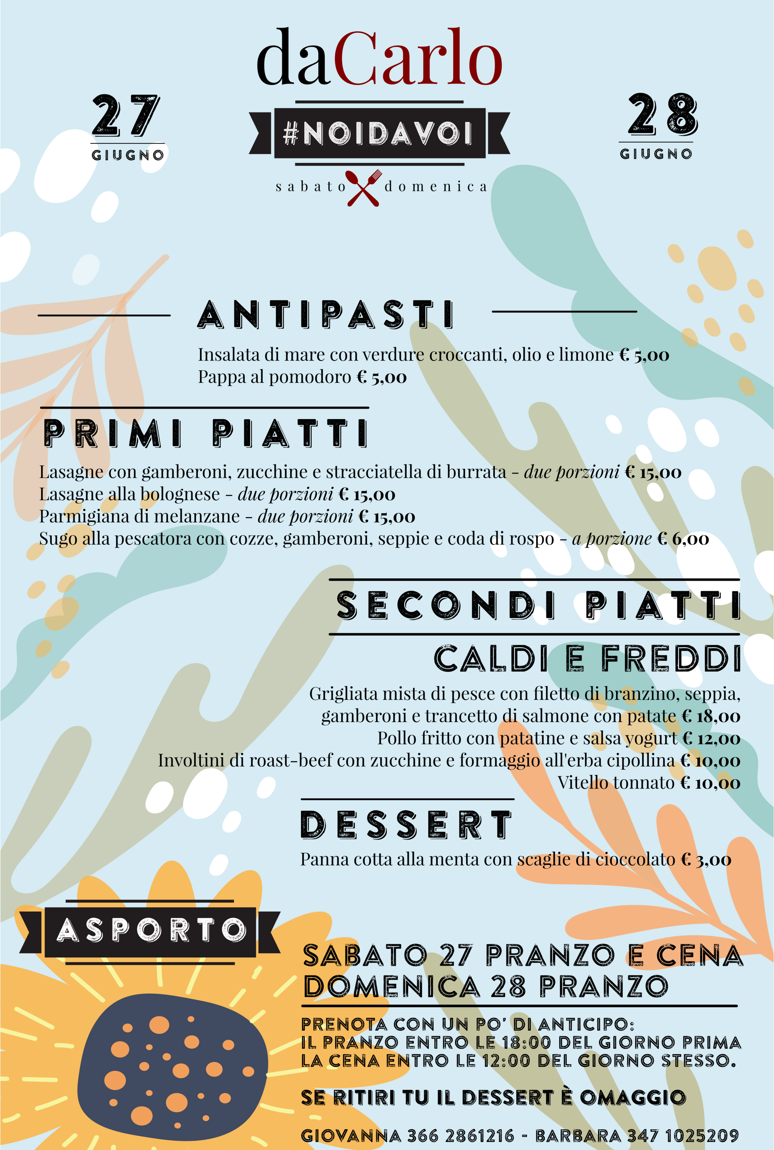 Menù weekend 27-28 Giugno