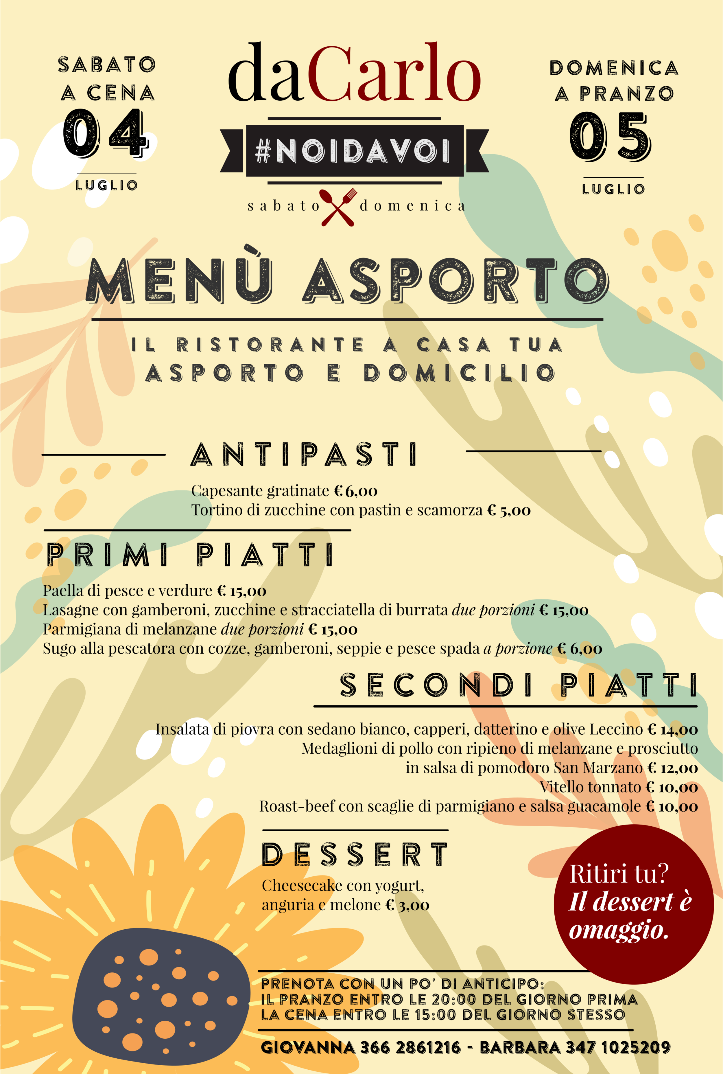 Menù weekend 04-05 Luglio