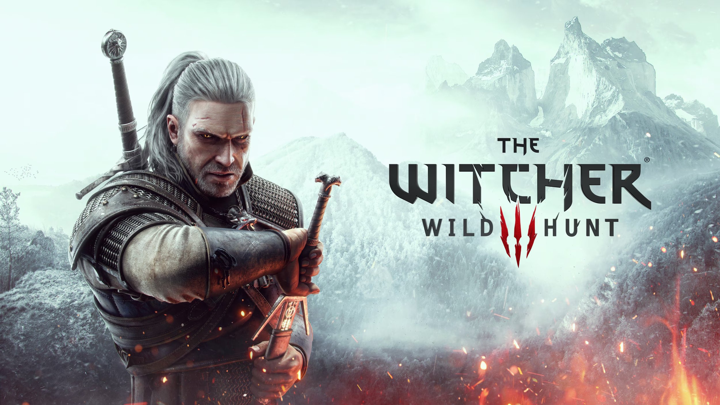 Cover art for the video game 'The Witcher 3: Wild Hunt' featuring a male character with long white hair, clad in armor, holding a sword with a mountainous landscape in the background
