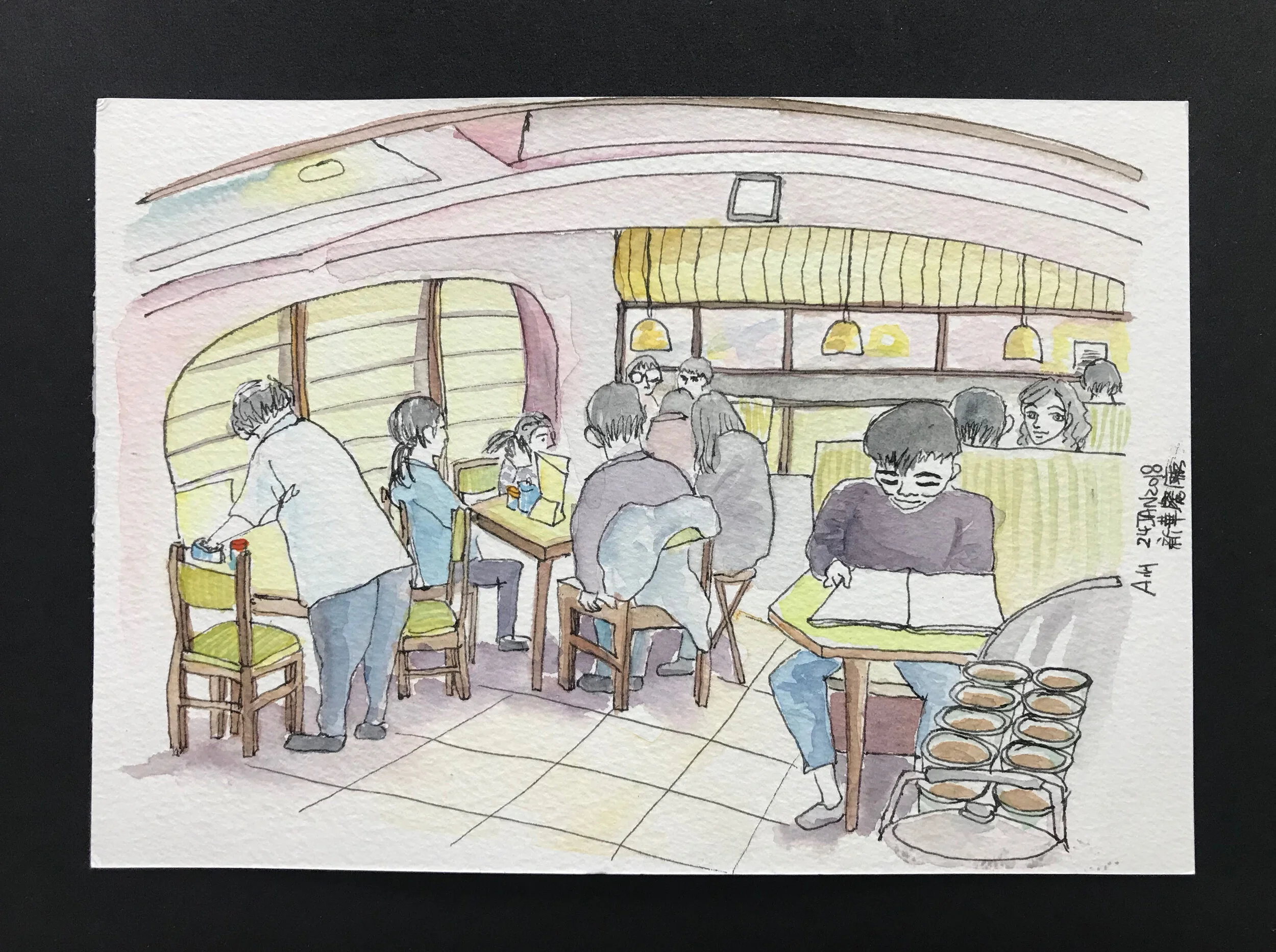Sun Wah Cafe (Interior)   (Left) Ink, acrylic marker & watercolour on watercolour paper21 x15cm Jan 2018Kim Fung Cafe (Entrance) (Right) Ink, acrylic marker & watercolour on watercolour paper21 x15cm Jan 2018