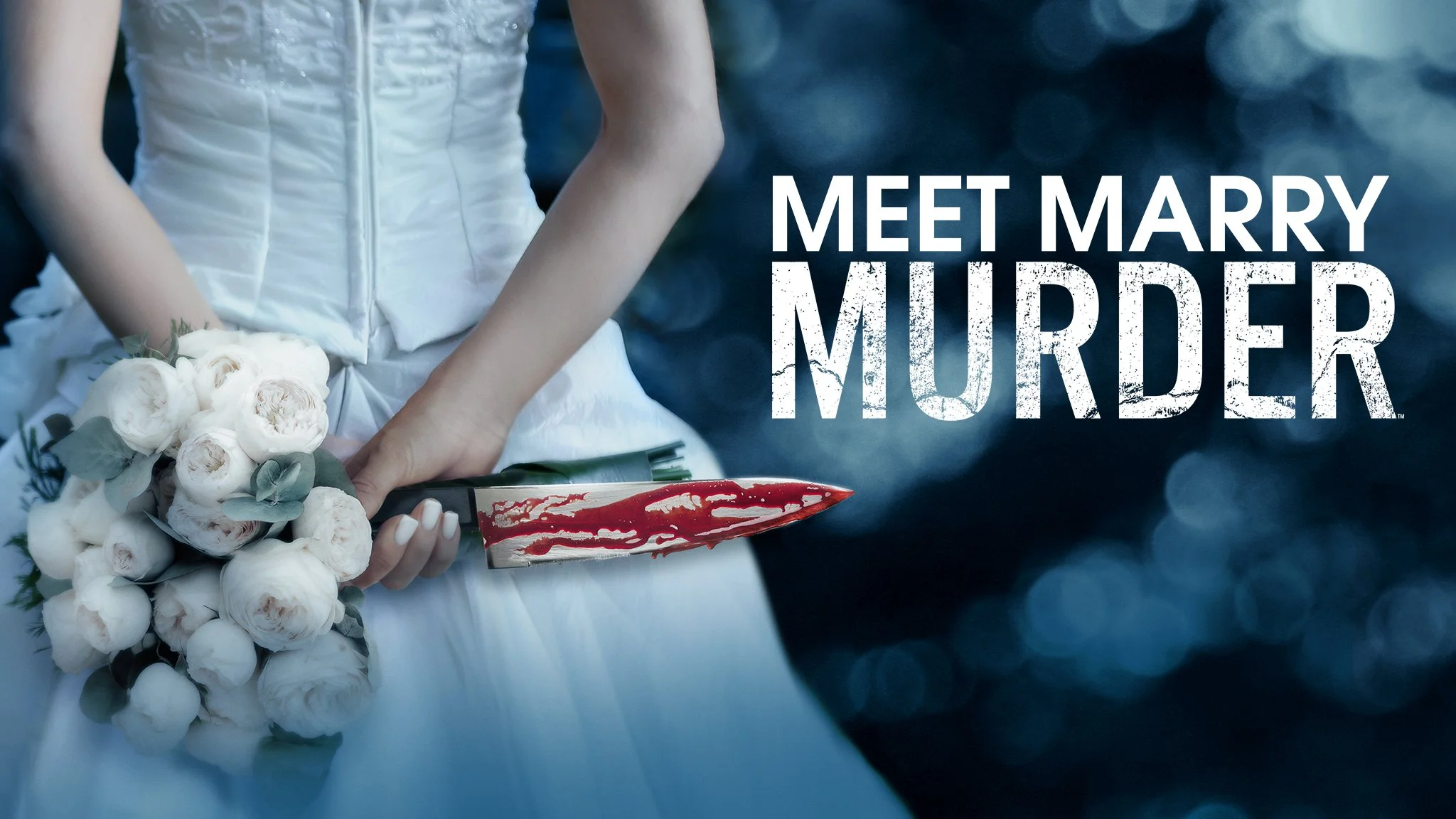 Text reading 'Meet Marry Murder' on a dark, abstract background.