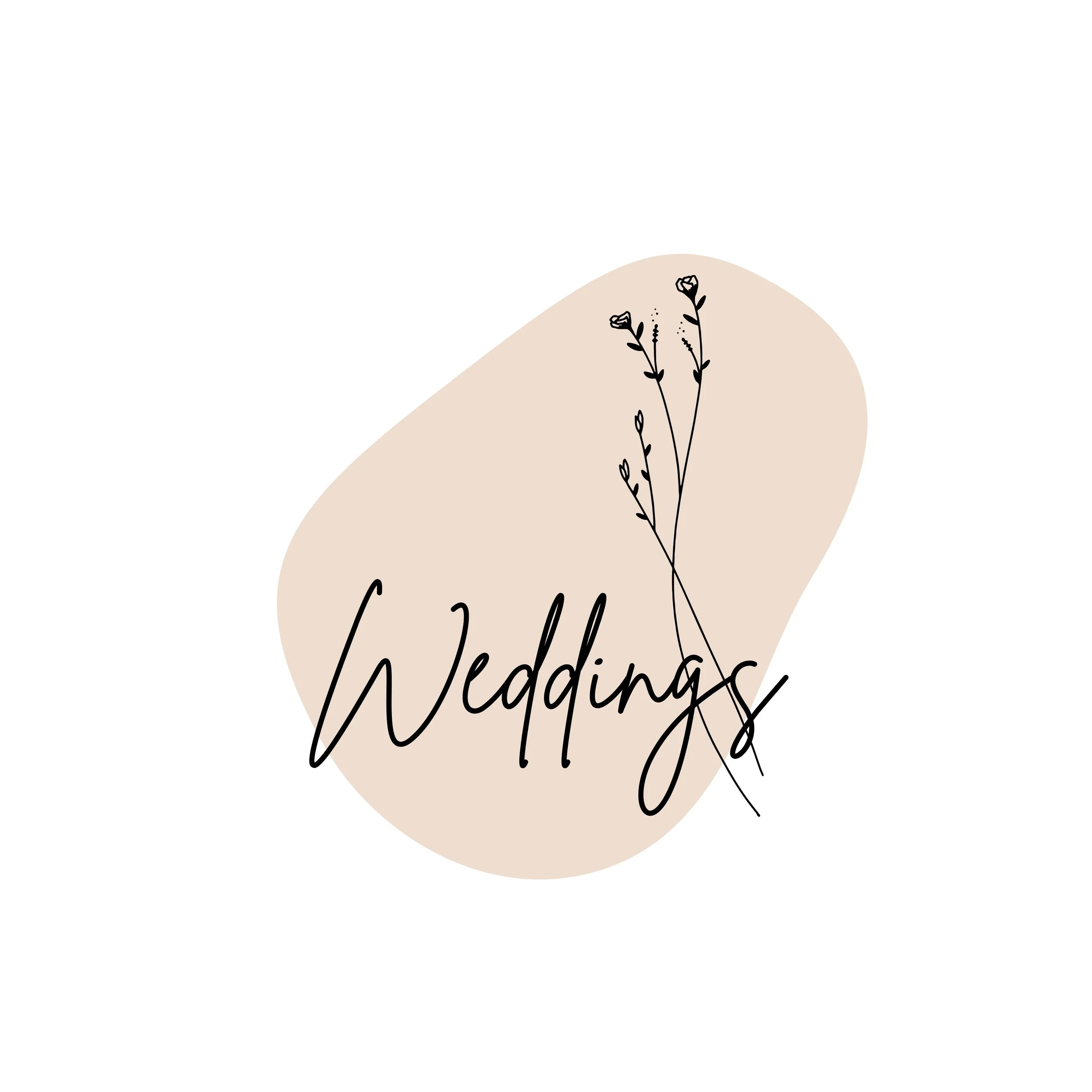 Abstract beige shape with "Weddings" text and floral illustration.