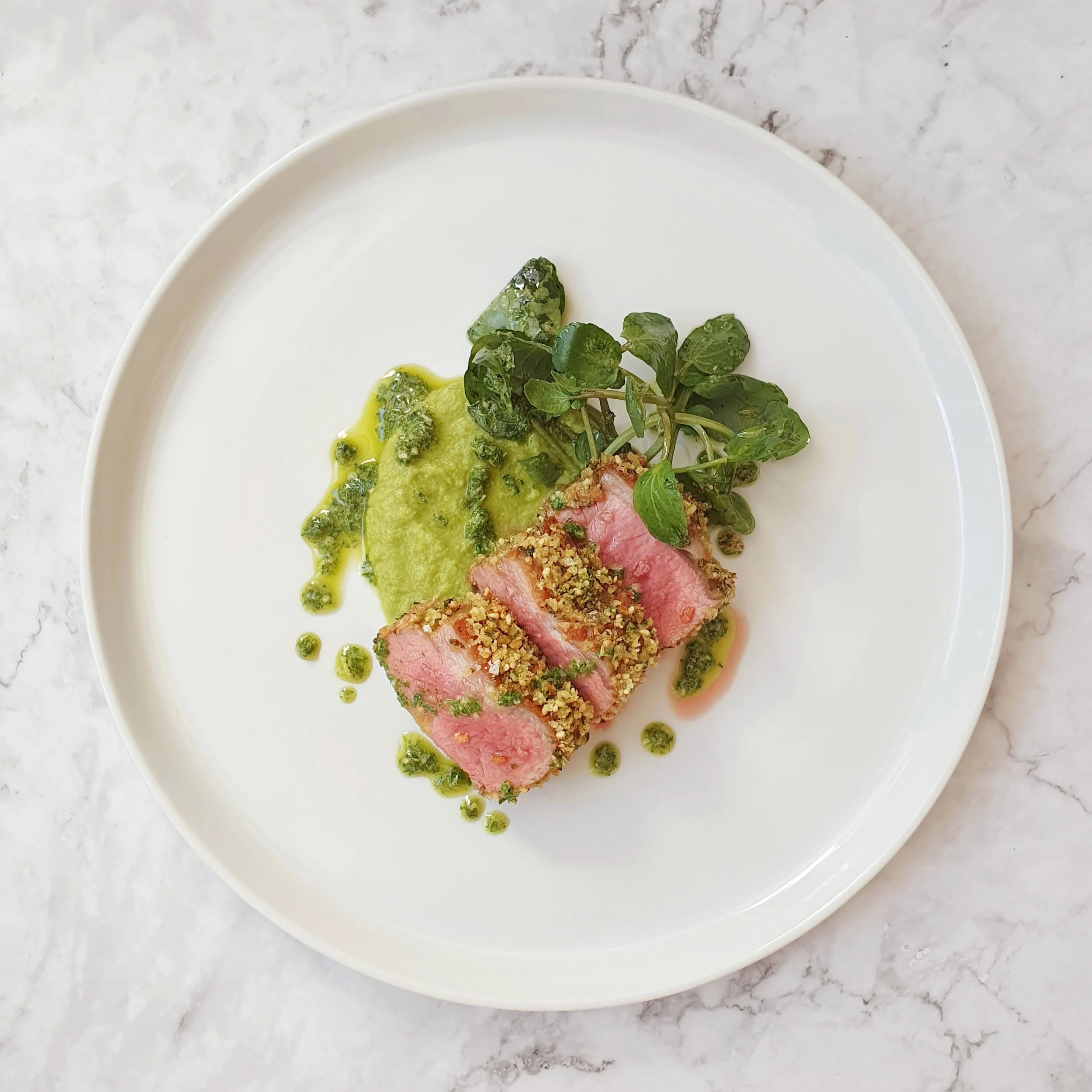 Hazelnut Lamb Rump, Pea Purée, Mint Green Sauce — THOMAS FRAKE