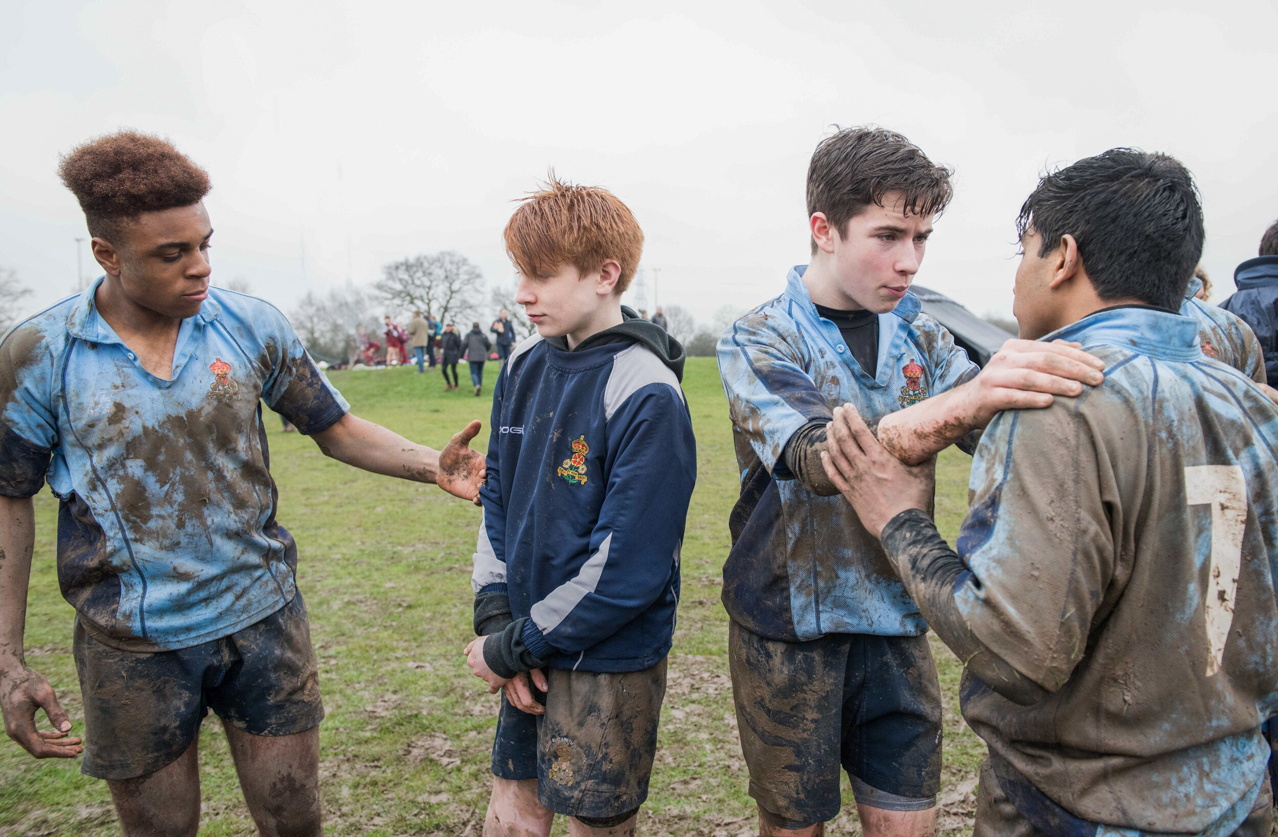  Queen Elizabeth’s School, Barnet, UK.  Seven-a-side rugby tournament, played in the rain and mud.  Shot by Eleanor Bentall, photographer. 