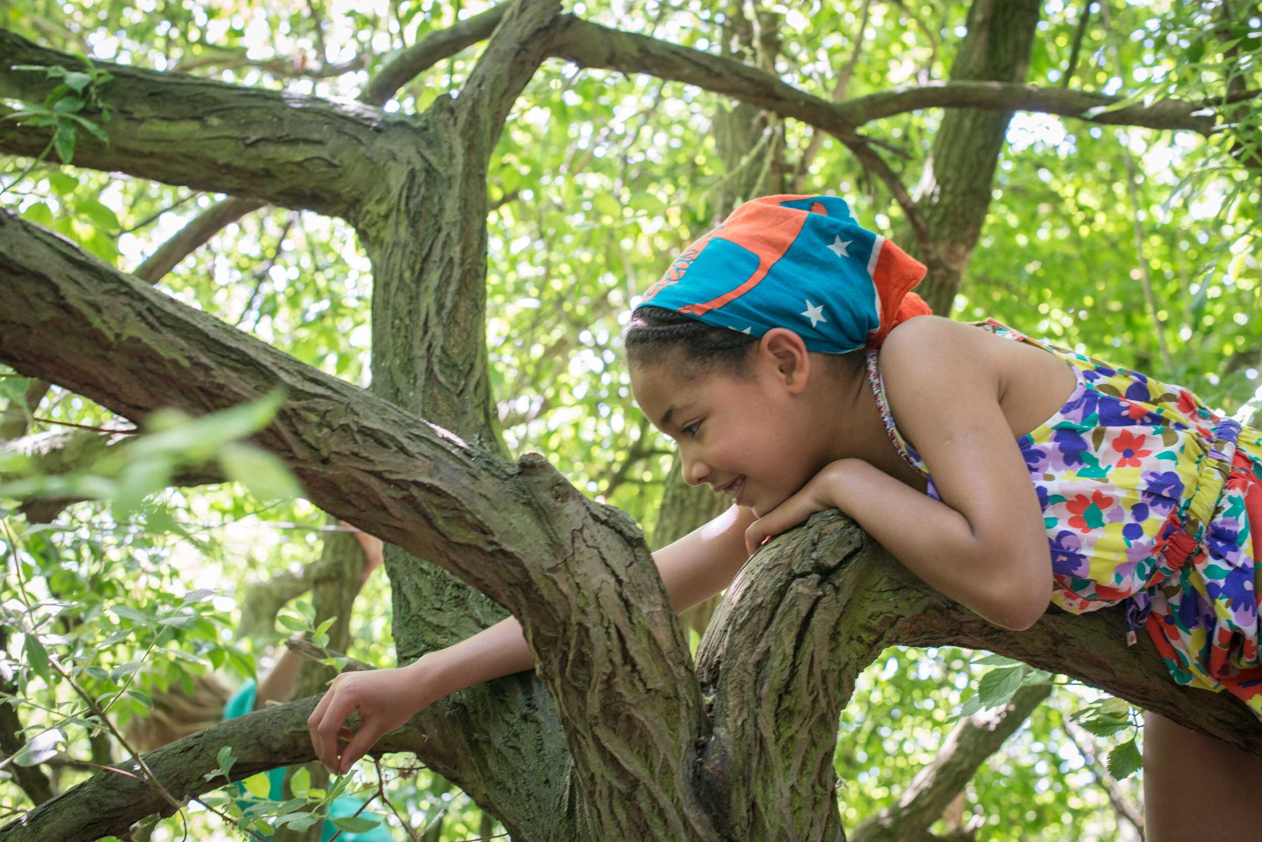  Lee Valley Park. WaterWorks Centre Nature Reserve, London E10, UK. Girl in tree.  Shot by Eleanor Bentall, photographer.  