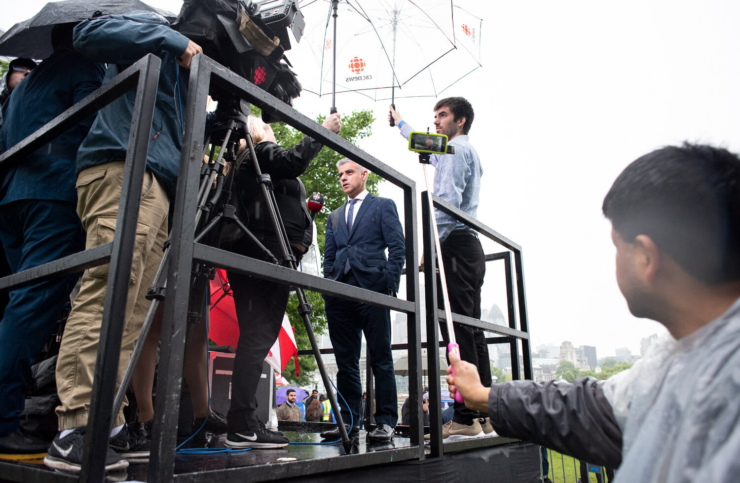  Mayor of London Sadiq Khan being interviewed at a vigil for terrorist attacks London Bridge, London.  Photograph by Eleanor Bentall 