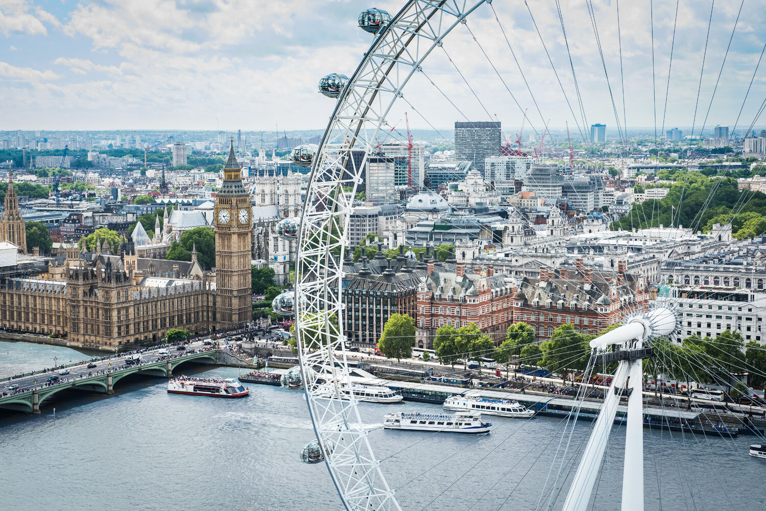  View of the River Thames with London Eye, Houses of Parliament and river boats.  Photograph by Eleanor Bentall 