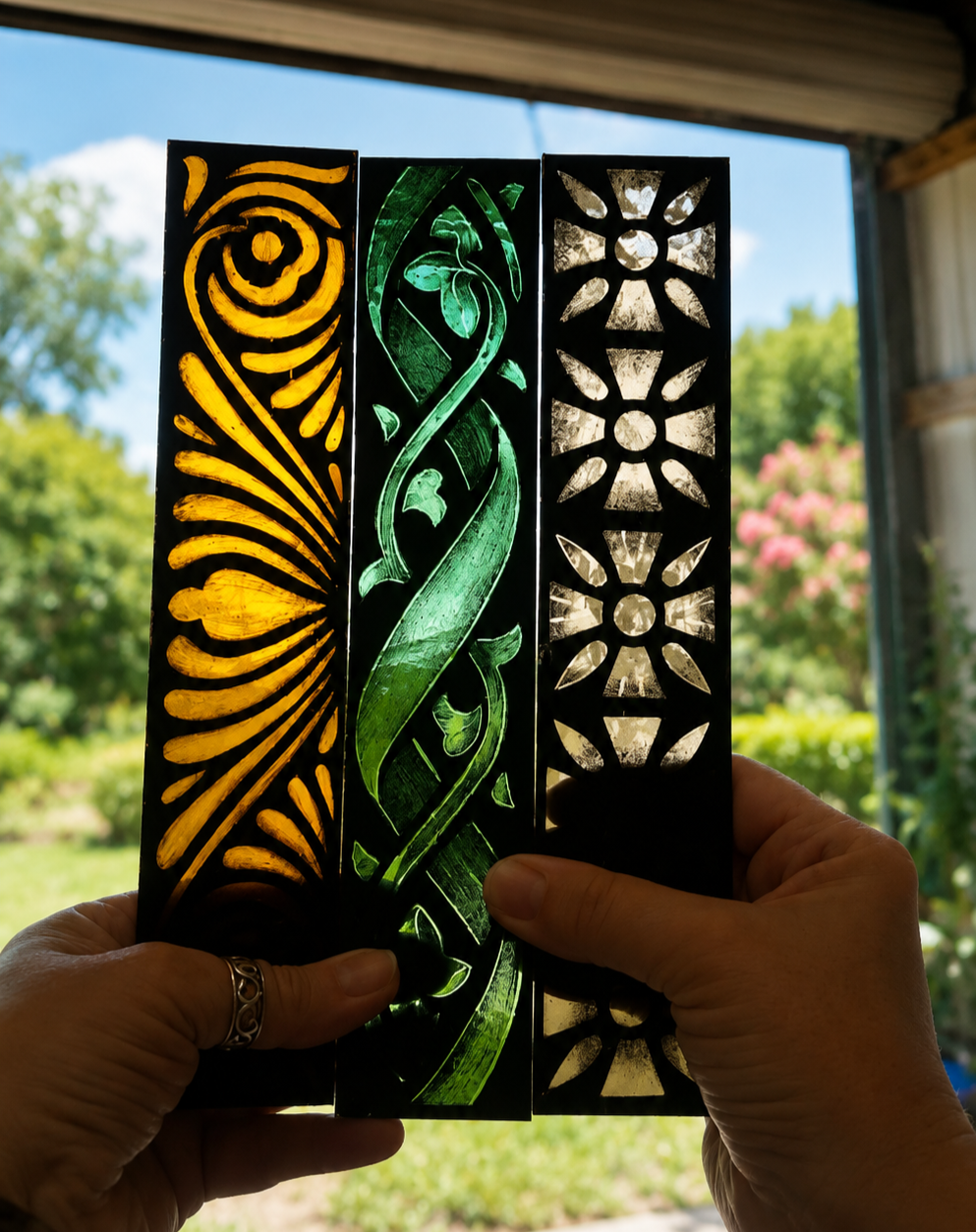 Petits vitraux peints à la grisaille, réalisés à partir de modèles graphiques et présentés devant la lumière.