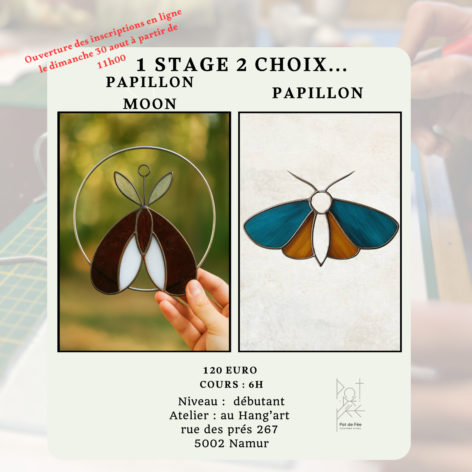 Modèles de papillons en vitrail proposés lors des stages Pot de Fée à Namur.