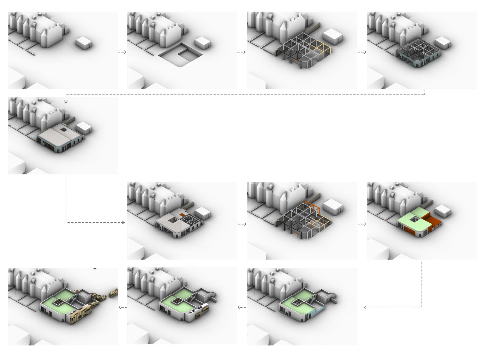 Life of the building (top half shows its construction pre-refurbishment - bottom half shows the new structure which reuses existing structural steel system)