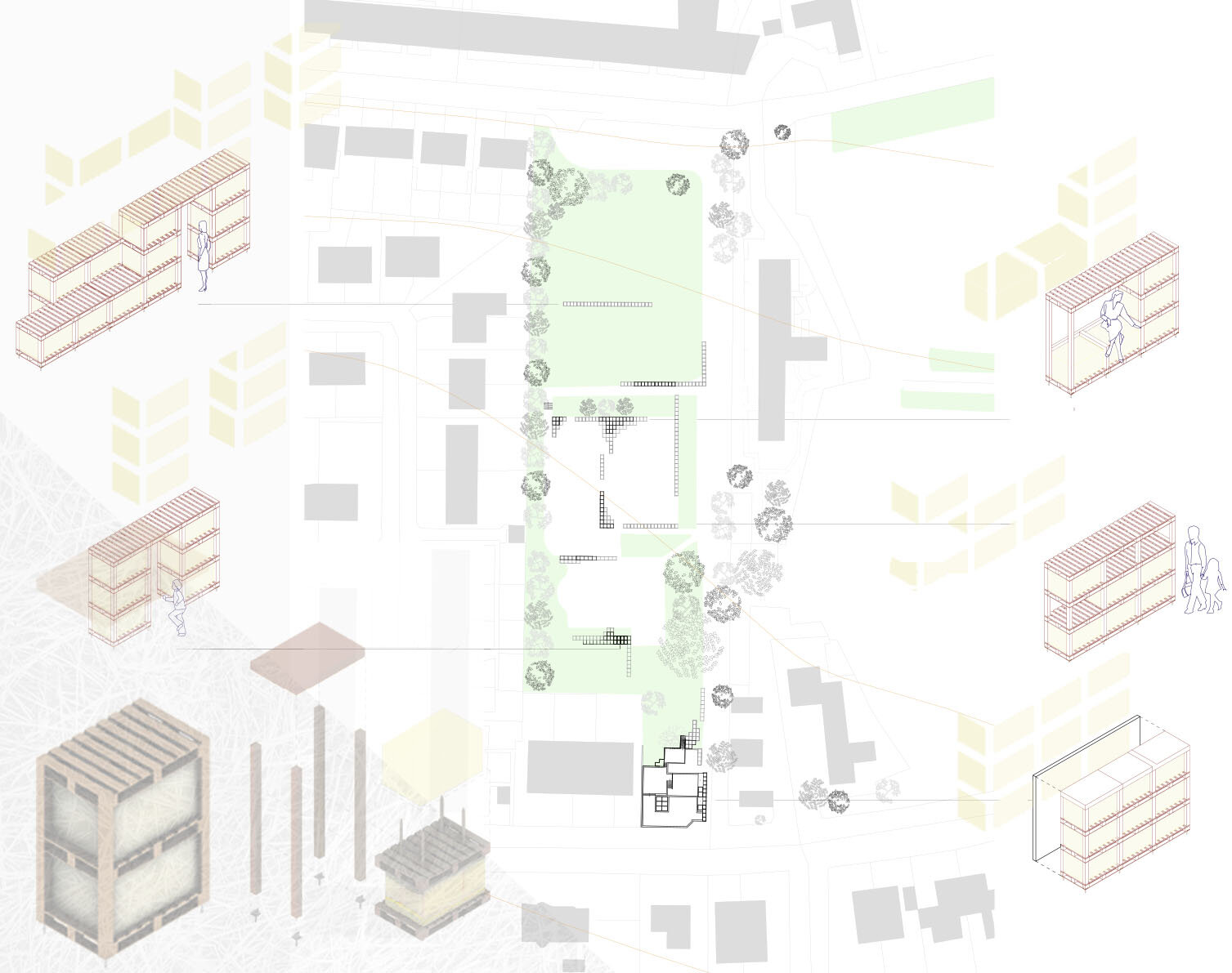 Upscale recycling of straw-wood pallet system to further tie building into wider context and enhance the circulation/ distribution of the diverse functions within the park
