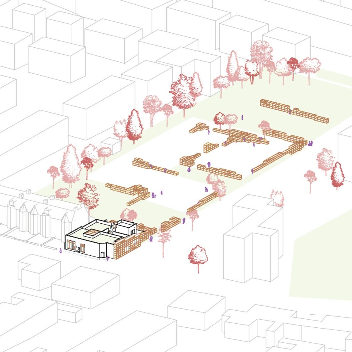 3D axonometric of refurbished building and designed intervention for the nearby park
