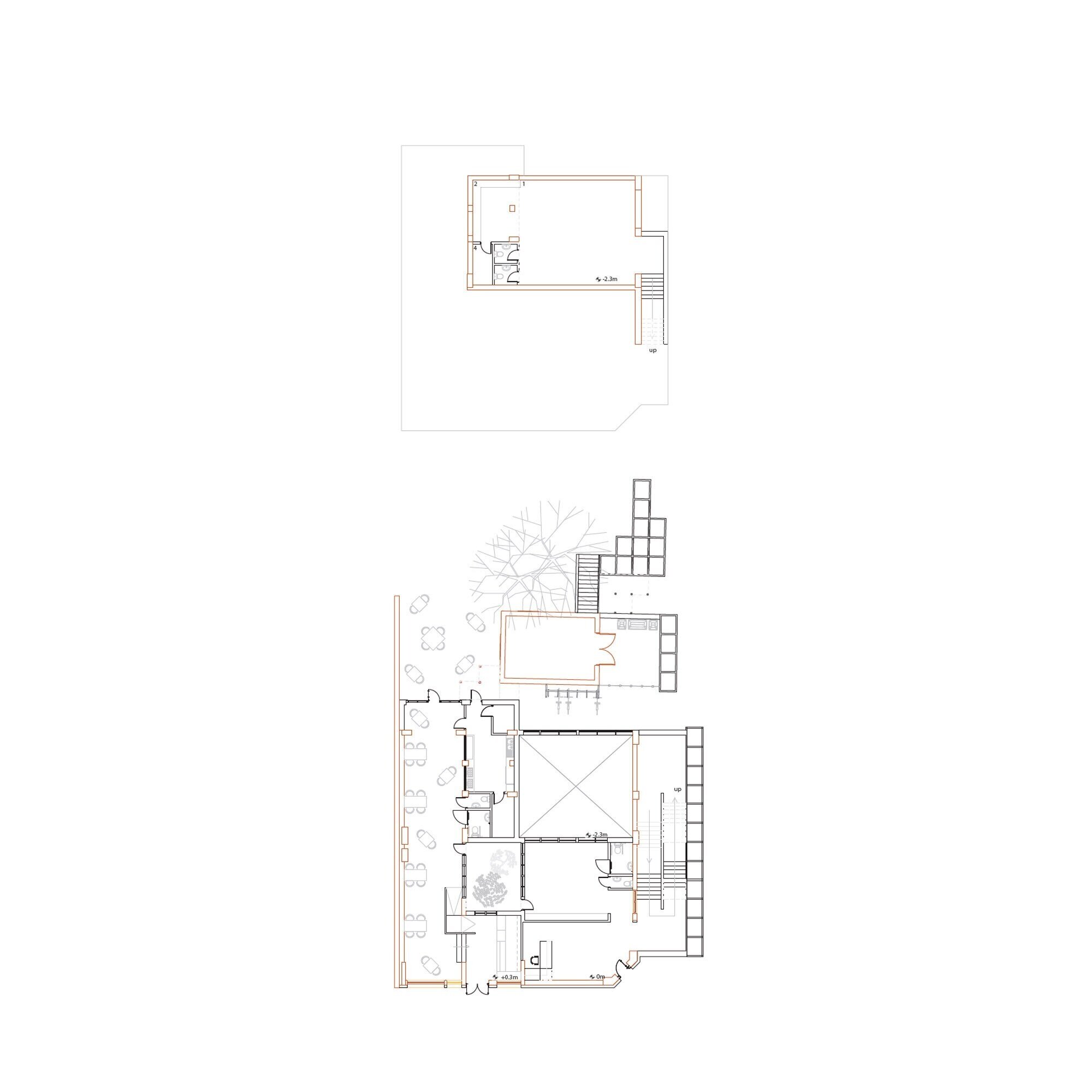 Plan of the basement and ground floor which houses a bistro and an art center for adults and children
