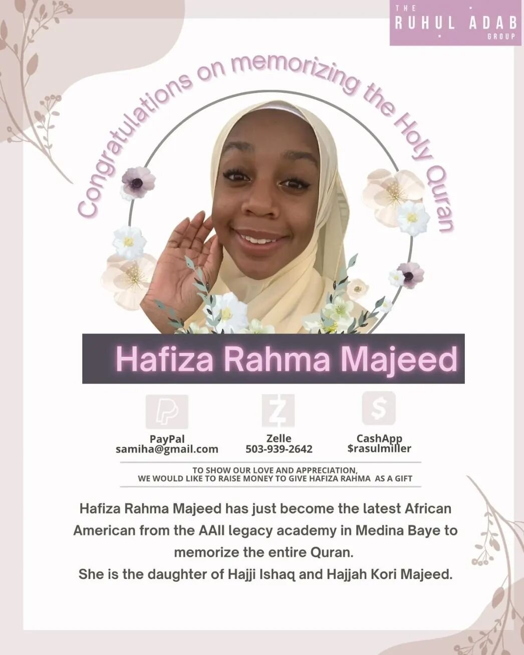 Assalamualikum and Ramadan Mubarak!

What a beautiful blessing to come to fruition during the blessed month of Ramadan! 

Rahma Majeed just became the latest African American from the @aaiilegacyacademy AAII Legacy Academy in Medina Baye to memorize 