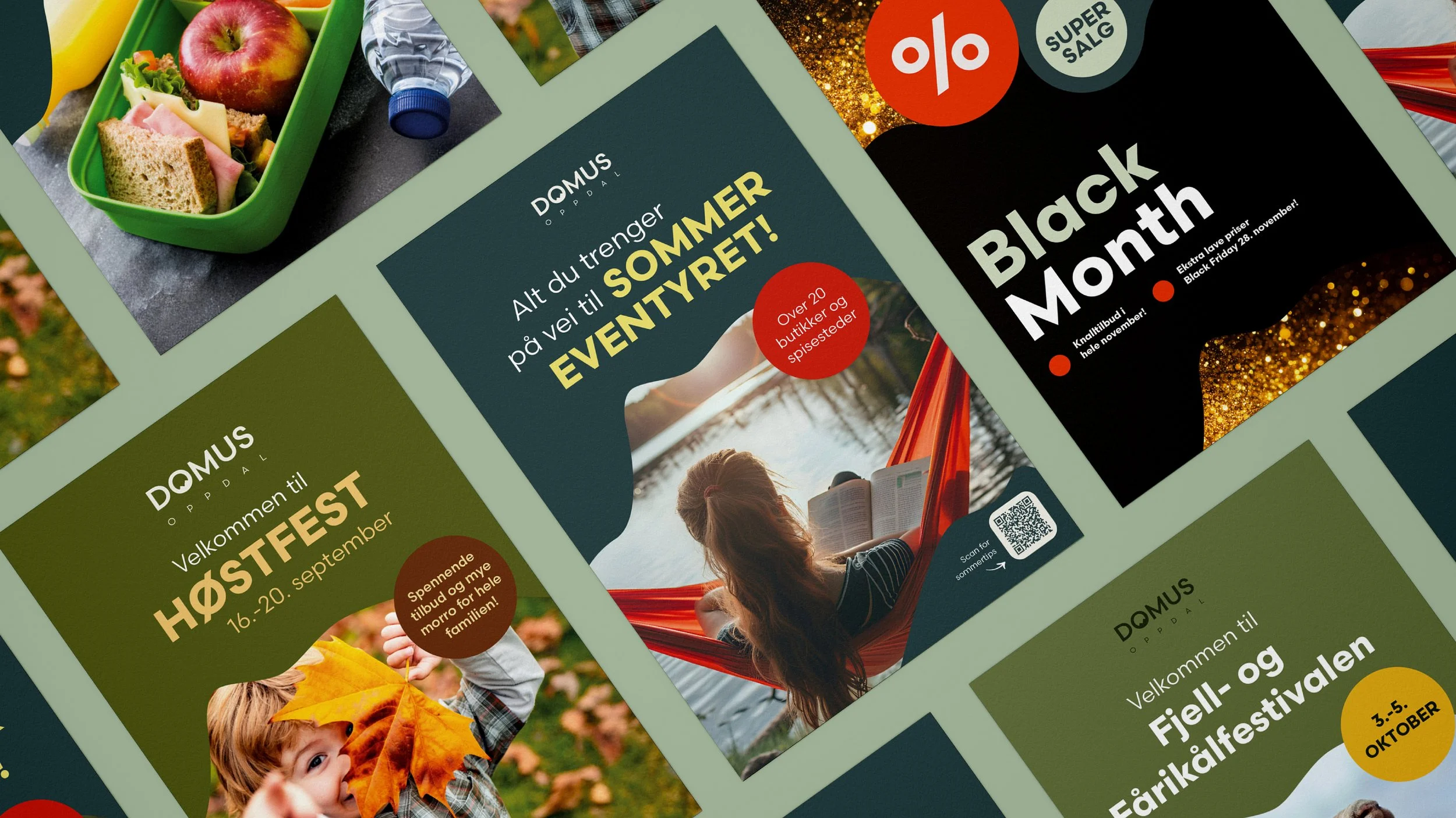 Domus plakater som ønsker velkommen til høstfest, forteller om alt du trenger til sommereventyret og supersalg på black month