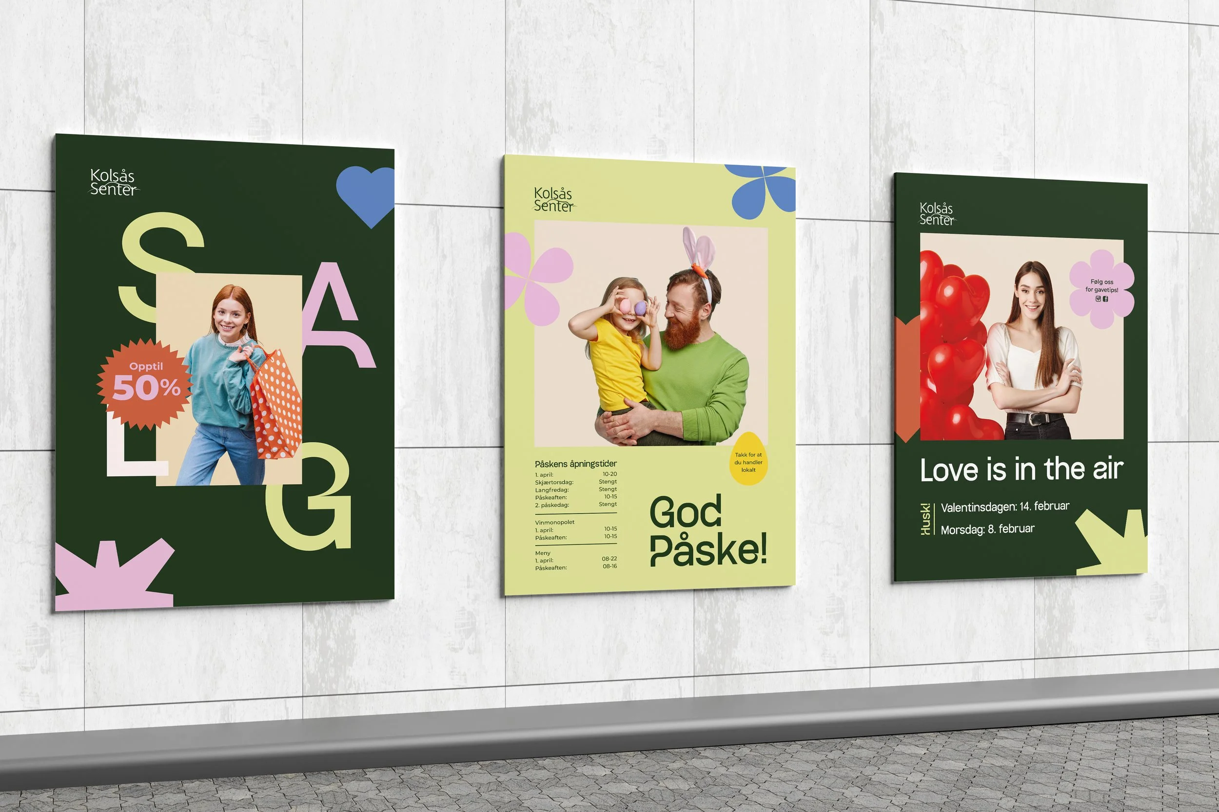 Kolsås senter plakater som informerer om salg, påske åpningstider og valentines og morsdag
