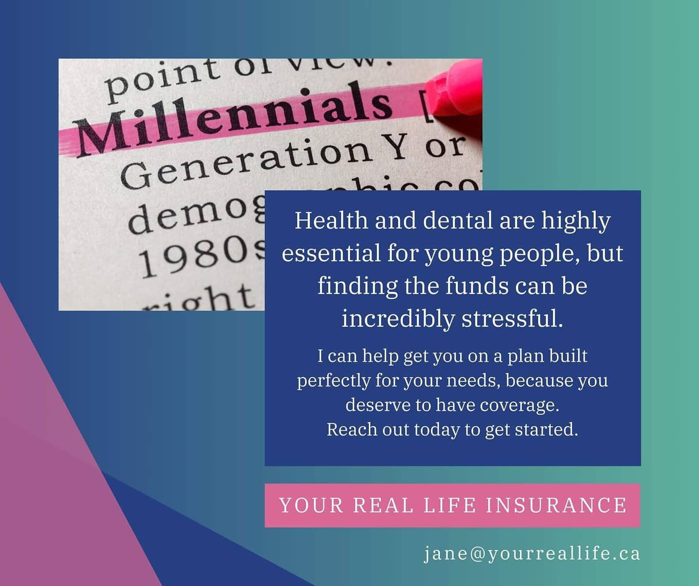 Millennials, I'm talking directly to you!

The reality for your generation is so different than it was for your parents. Whether you're working for yourself or for a company, you very likely do not have sufficient health coverage, you're hustling for