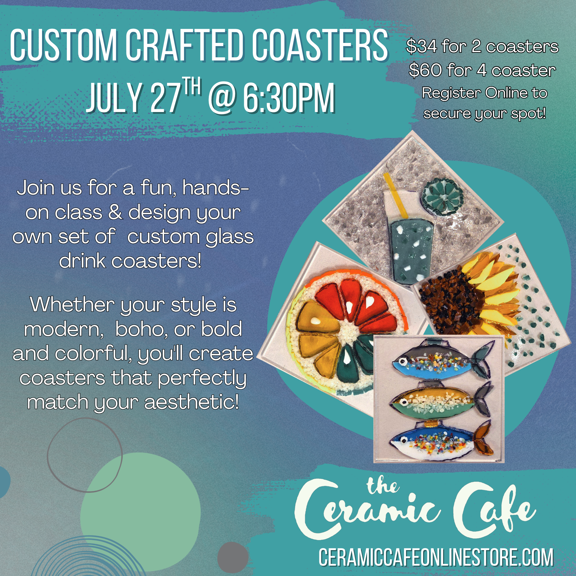 Fused Glass Coasters            Thursday July 27th  6:30 pm