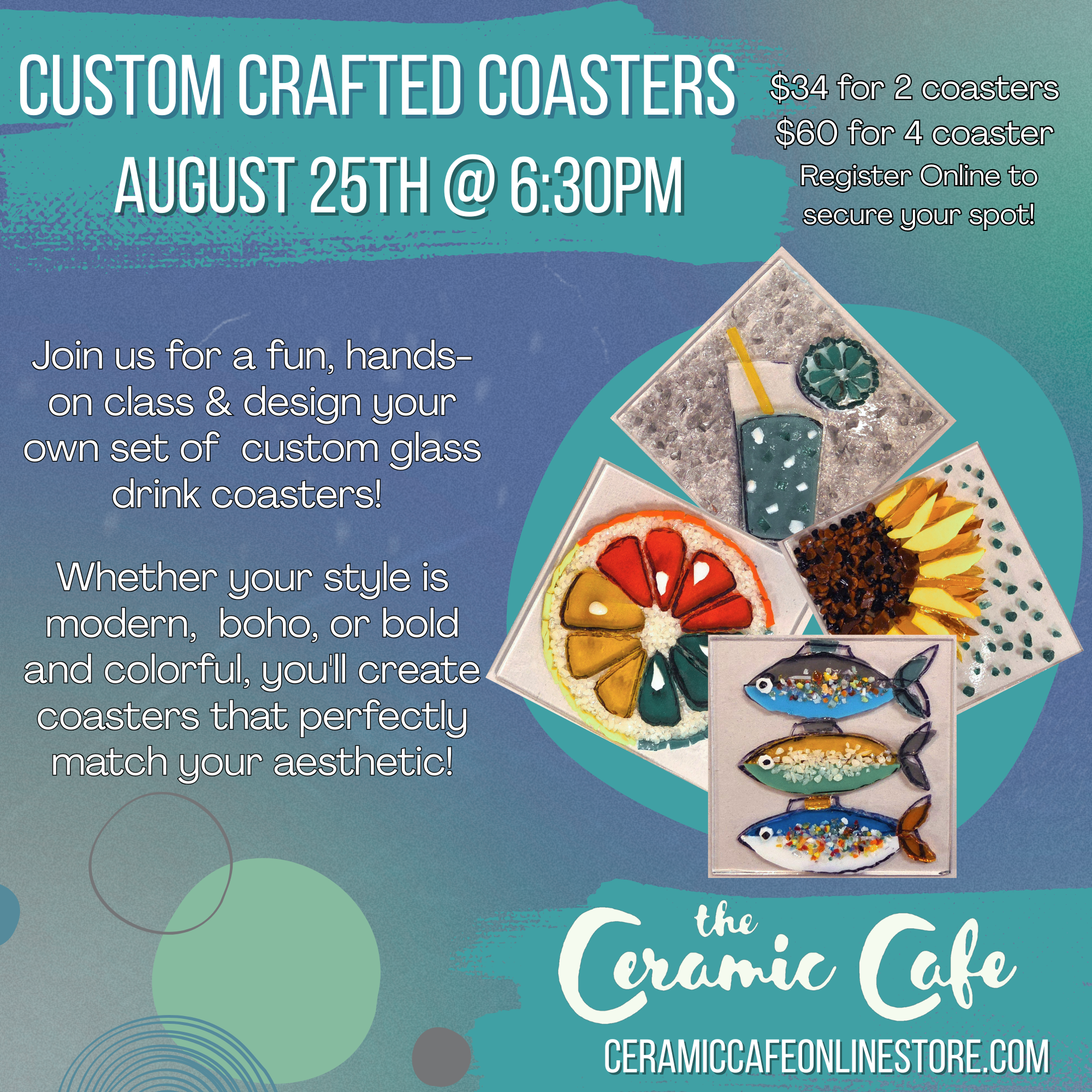 Fused Glass Coasters            Thursday August 25th  6:30 pm
