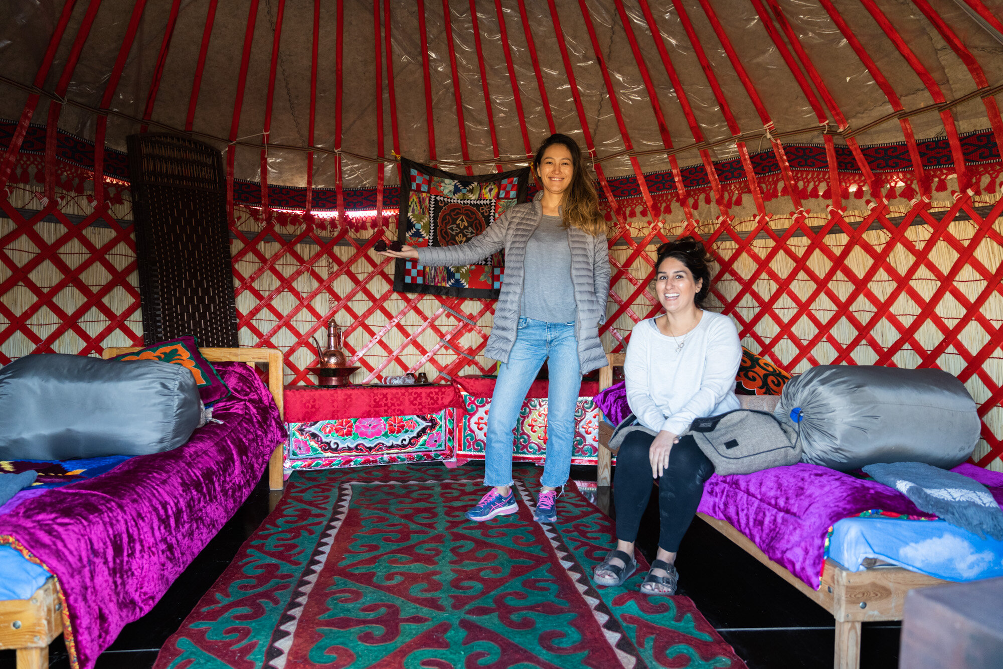  My colleagues Aisuluu and Zahra showcase the yurts 