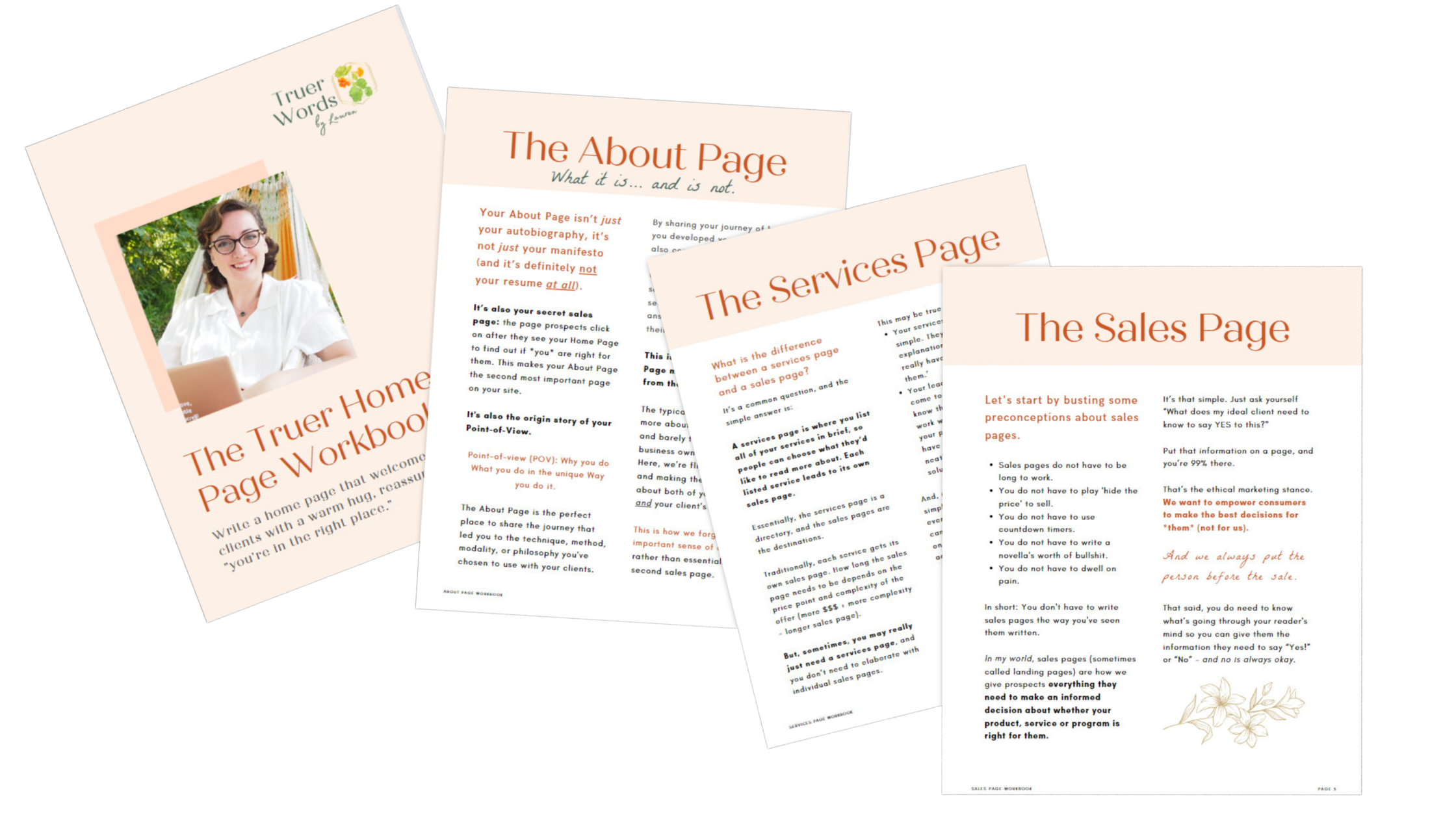 Truer Words copywriting workbook mock-ups, showcasing mock-ups for the cover pages of The Truer Home Page Workbook, The About Page, The Services Page, and The Sales Page