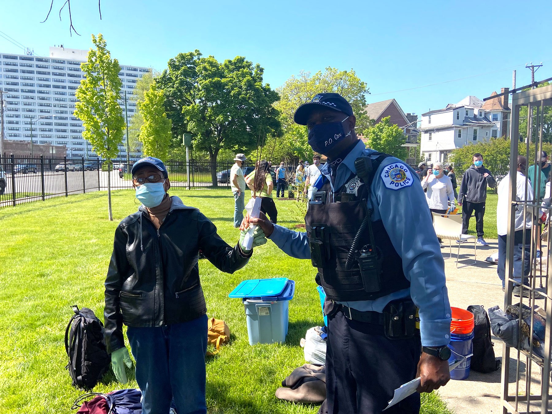  Corporate volunteers from Euromonitor and Coeur Mining participated in the initial planting day at Lafayette Terrace, and local police officers also stopped by to learn more about community sustainability. 