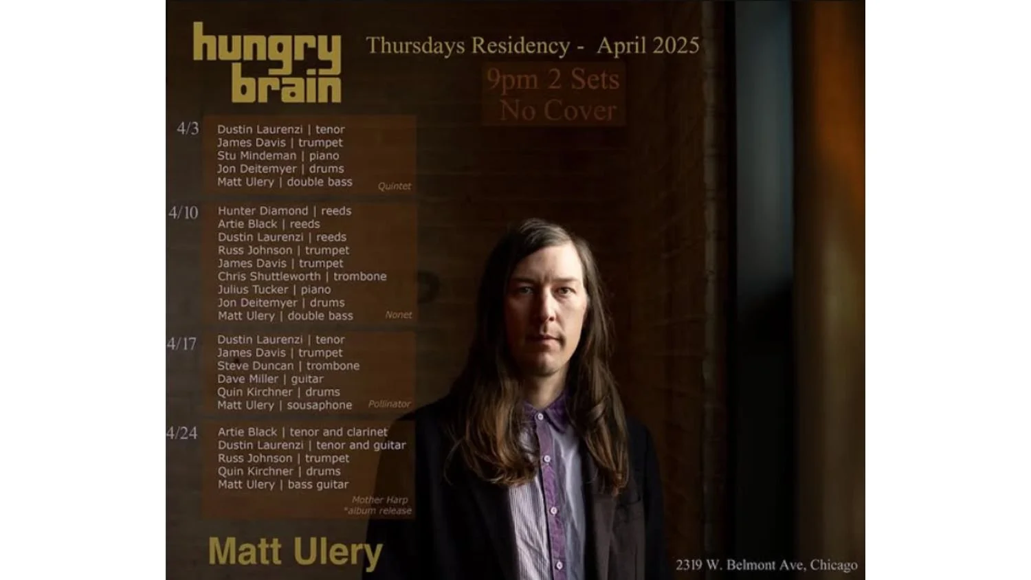 Matt Ulery’s promotional flyer for his April 2025 Hidden Brain residency.