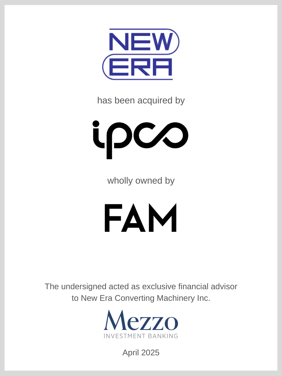 New Era Converting Machinery  has been acquired by IPCO, wholly owned by FAM; Mezzo served as advisor to New Era Converting.
